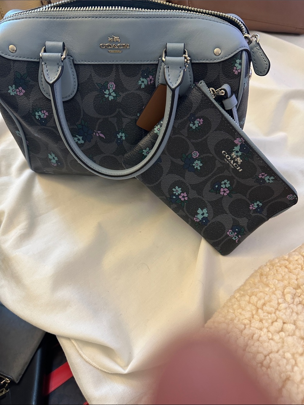 Coach Floral Signature Satchel with Wristlet in Charcoal and Light Blue